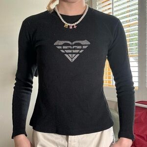 Y2K Roxy Black Ribbed Long Sleeve Top with Silver Heart Logo (M)